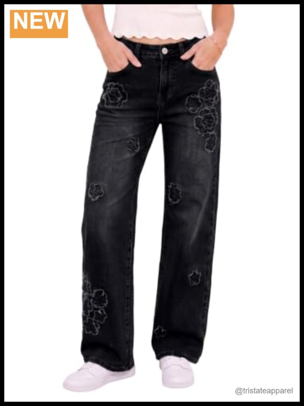 High Waisted Straight Leg Jeans Floral Embroidery Stretch Denim